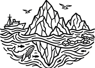 Black and white line of arctic scene with iceberg, ship, whale, fish, and birds ocean © Graphic Shops