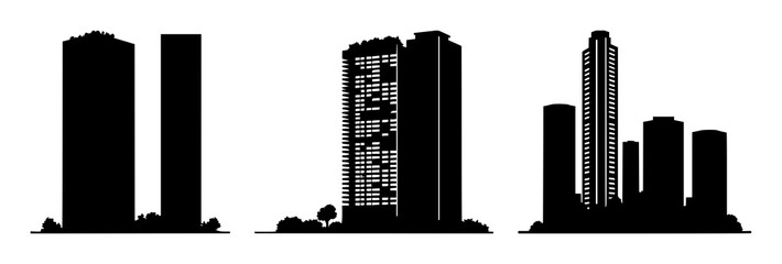 Obraz premium Solid black icon, white background: green skyscraper with vegetation set with simple line art design featuring simple design, minimalist, black and white with illustrations and graphics