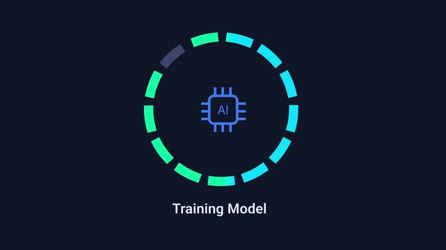 Animated digital interface showing artificial intelligence model training with a processor icon and circular progress indicator on a dark background, representing machine learning and automated comput