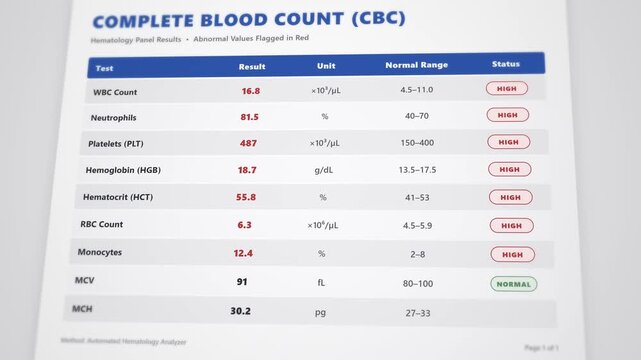 Comprehensive animated complete blood count report template: detailed elevated test results with high leukocyte values and infection markers flagged
