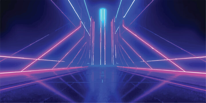 Abstract neon tunnel entrance with purple and blue laser lights sci fi entrance abstract reflection futuristic technology geometric perspective background wallpaper illumination structure