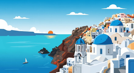 Obraz premium A picturesque coastal village with white buildings and blue domes overlooking a serene turquoise sea at sunset.