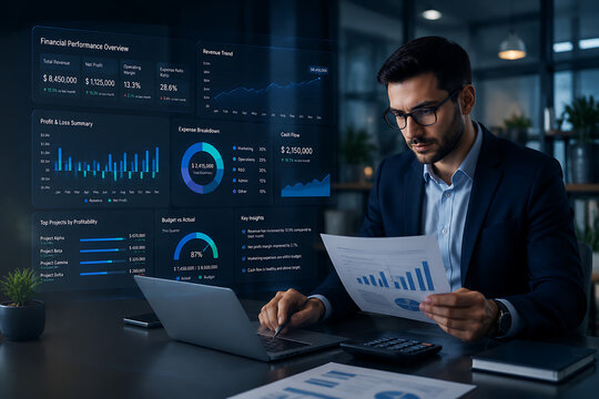 Financial Analyst Reviewing Business Reports With Advanced Performance Dashboard Data Visualization And Corporate Profit Analysis In Modern Office Environment