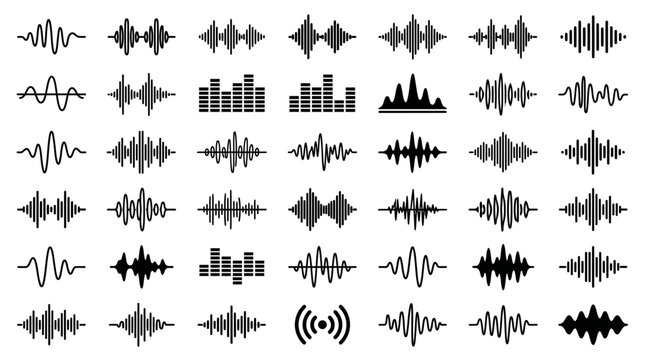 Set of black sound wave icons and audio waveforms on white background.