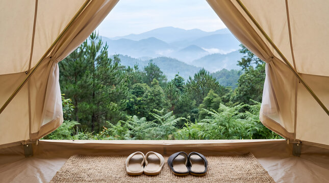 View from inside a tent showing misty mountains forest and natural landscape