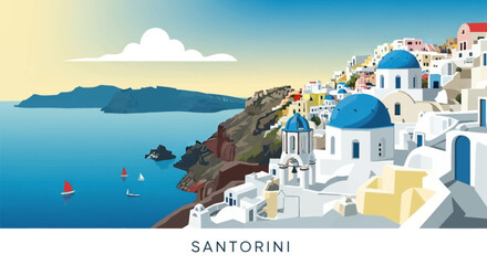 Obraz premium Iconic white-washed buildings with blue domes perched on a cliff overlooking the Aegean Sea in Santorini, Greece.