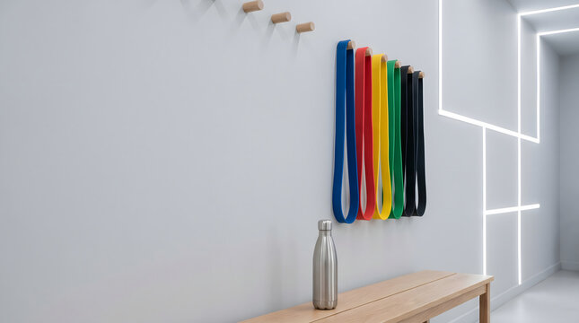 Colorful resistance bands hanging on white wall beside stainless steel water bottle and wooden bench