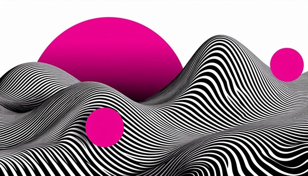Abstract Black And White Wave In Op Art Style With Bright Pink Circles On Isolated White Background