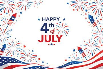 Fototapeta premium Happy Fourth of July festive banner template patriotic celebration design with fireworks and American flag