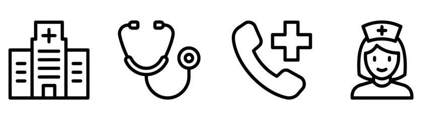 Hospital stethoscope medical phone and nurse line outline icon set