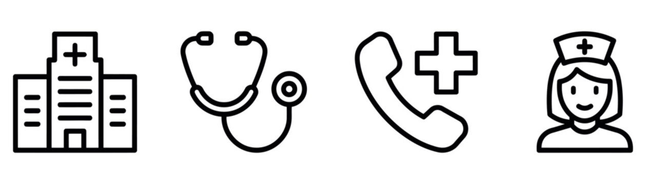 Hospital stethoscope medical phone and nurse line outline icon set
