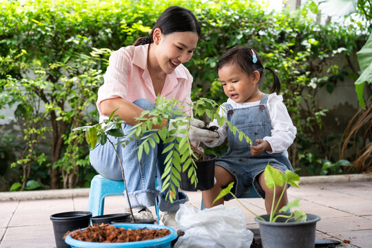 Asian family of three generations gardening happily outdoors, symbolizing bonding, teamwork, and sustainable lifestyle with plants, soil, and cheerful mood in bright natural environment and positivity