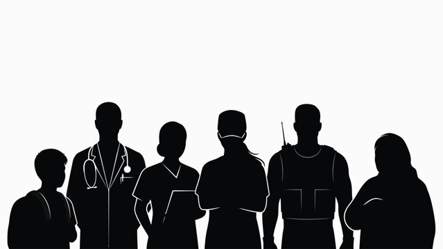 Diverse group of medical professionals and volunteers standing in silhouette representing frontline healthcare. Vector illustration