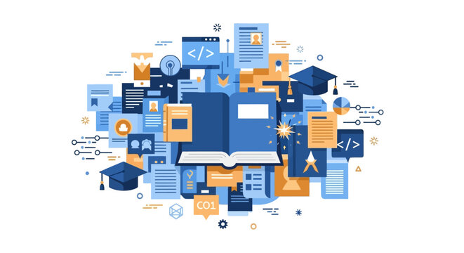 Digital Education and E-Learning Concept Illustration with Open Book, Graduation Caps, and Coding Icons for Online Platforms and Academic Success