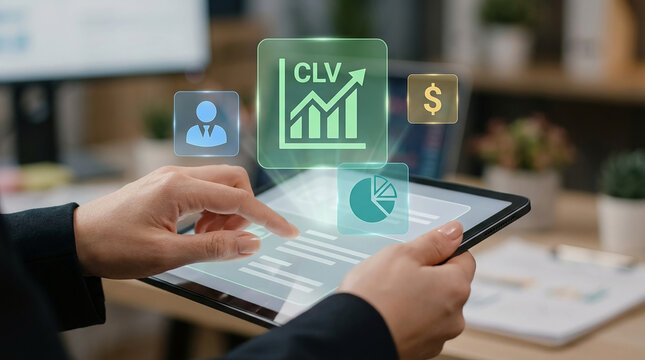 Business professional analyzing Customer Lifetime Value (CLV) metrics and data on digital tablet interface for marketing strategy and financial growth