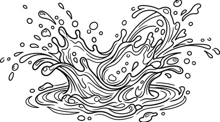 Fototapeta premium Dynamic black and white line of a water splash with droplets and bubbles liquid wave