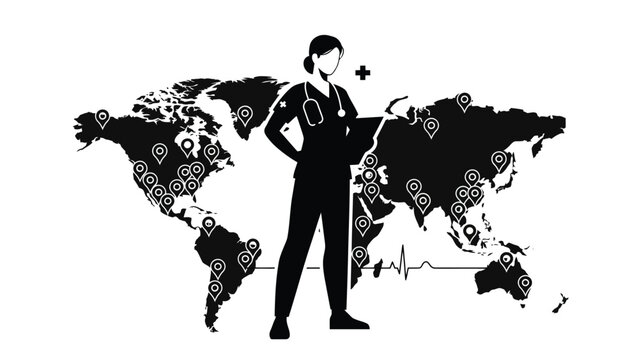 Medical professional standing in front of a global map with location markers for international health outreach, location. Vector illustration