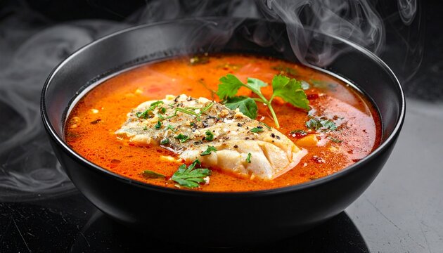 Fish soup. Authentic thai tom yum pla spicy fish soup steaming hot in a dark bowl garnished with fresh green herbs.