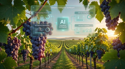 AI viticulture intelligence dashboard over vineyard with ripe grapes