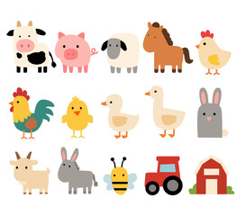 Fototapeta premium Cute Farm Animals Clip Art Set with Simple Cartoon Characters