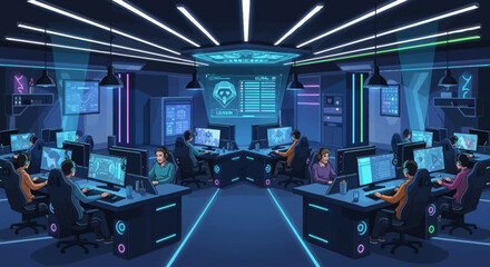 Fototapeta premium A futuristic cyber security operations center with multiple workstations and glowing blue accents.