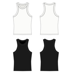 Fototapeta premium Sketch of a basic tank top with stitching, front and back views. Technical sketch of a white and black tank top, vector illustration. Template for a sleeveless tank top for fitness, running
