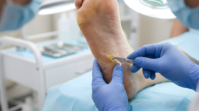 Podiatrist removing skin callus from patient foot with scalpel