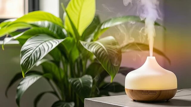 An electric aroma diffuser releases mist next to a lush green houseplant