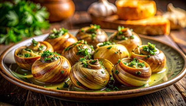 Baked garlic snails. Gourmet french escargots de bourgogne roasted in shells with rich garlic herb butter and fresh parsley.