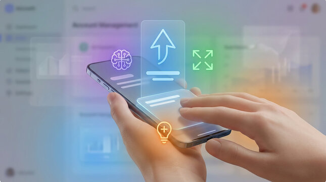 Hand holding a smartphone with futuristic holographic icons for AI, cloud upload, and innovation concepts against a blurred data dashboard background.