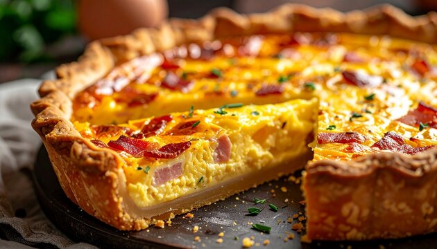 Sliced cheese quiche. Homemade french quiche lorraine slice showing creamy egg filling and crispy bacon bits on a wooden board.