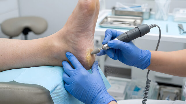 Podiatrist grinding dry heel callus with milling machine close up