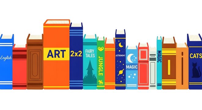 A colorful collection of books standing upright on a white background, isolated on white background