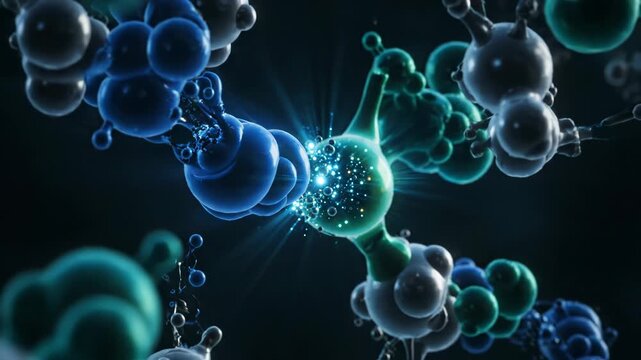 Abstract molecular structure pulses with vibrant blue and green energy. Microscopic particles and bubbles interact within the complex formation.