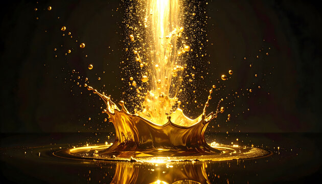 Liquid Gold Motion: Energetic liquid gold splash creating powerful explosion on reflective surface with dark background, showing dramatic motion and majestic power