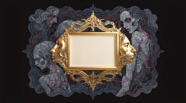 Ornate gold frame with blank ivory paper suspended inside decorative sculpted faces dark surreal mural with linework and red veins