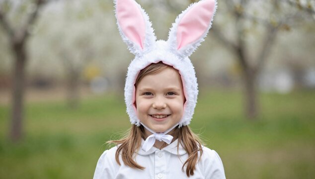 Smiling girl wearing bunny ears posing outdoors in garden for easter holiday