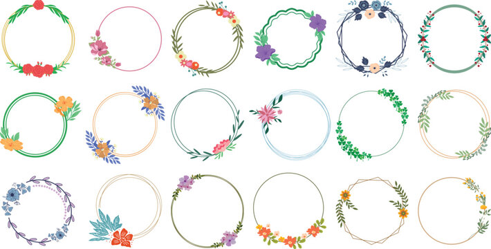 Minimalist green leaf wreaths collection. Flat vector illustration of simple circular botanical borders and foliage rings for clean monogram design.