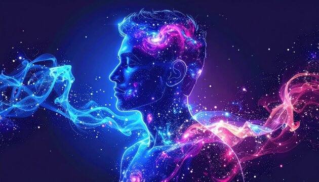Digital human mind with glowing connections.