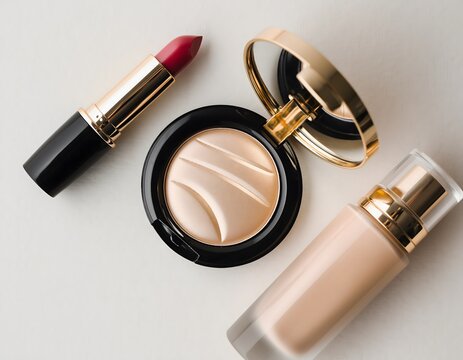 Luxury makeup collection flat lay featuring red lipstick, golden highlighter, and liquid foundation on a soft background