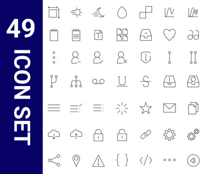 Set of 49 minimalist outline user interface icons for web and mobile apps