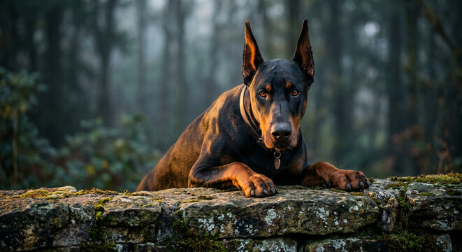 Powerful portrait of a majestic Doberman Pinscher dog lying on an old stone wall in a misty forest under warm sunlight
