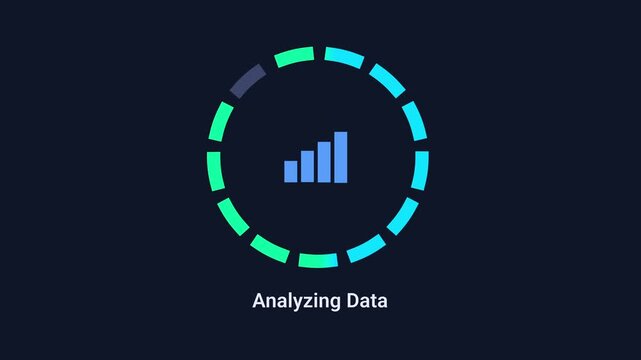 Animated digital interface showing data analysis in progress with a chart icon and circular loading indicator on a dark background, representing analytics, monitoring, insights, and system processing.