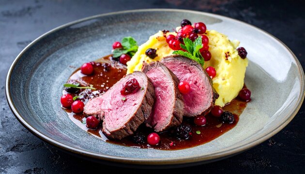 Roasted red meat and potato mash. Traditional scandinavian venison steak dish enhanced by dark savory gravy and fresh lingonberries.