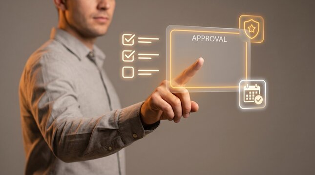 User Profile Onboarding Approval Screen Glows on Touch Interface to Validate Users, Confirm Accounts, Check Schedules, and Grant Permissions, Focusing on Digital Authorization, Identity Management