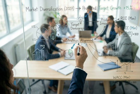 Business meeting, market diversification, projected growth, strategic alignment, team discussion