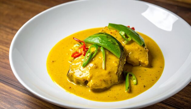 Asian yellow curry chicken meat. Classic thai kaeng kari recipe showing aromatic turmeric coconut sauce garnished with green chili peppers.
