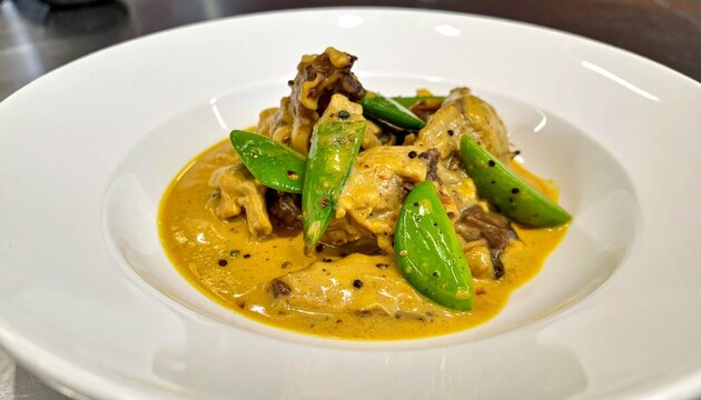 Savory chicken yellow curry. Authentic thai kaeng kari dish featuring rich coconut milk sauce and fresh green vegetables in a white bowl.