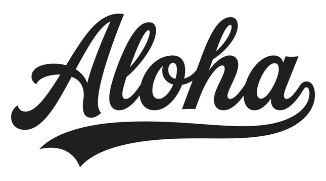 Black script vector illustration featuring the word aloha in a vintage cursive style typography design
