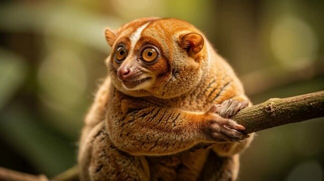 Cute slow loris primate sitting on a tree branch in a lush tropical jungle environment with soft bokeh background